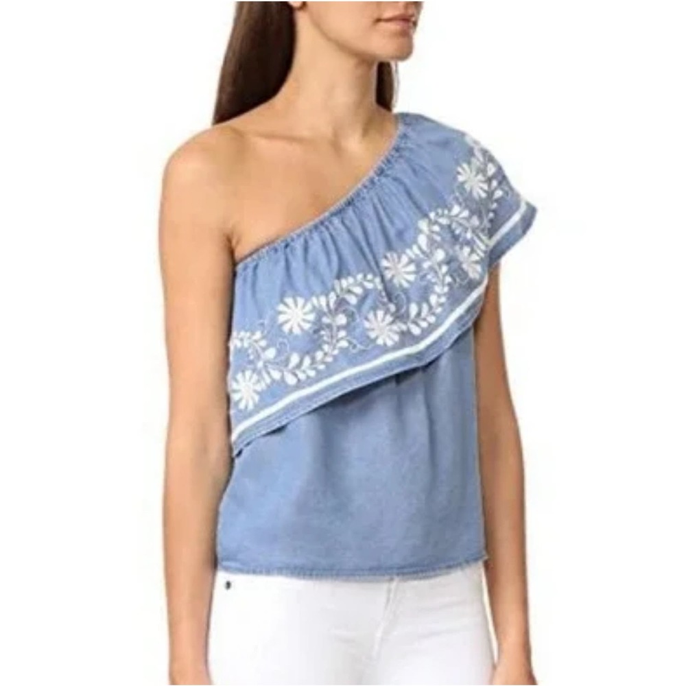 Rita One-shoulder Embroidered Top Light Blue Jean White Size L fits like M